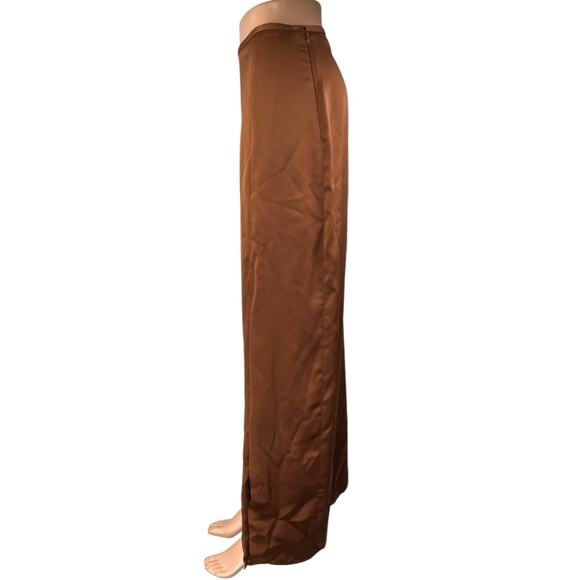 Club Monaco Brown Silk Satin High Waisted Slit Full Straight Maxi Slip Skirt 8 - Picture 2 of 5